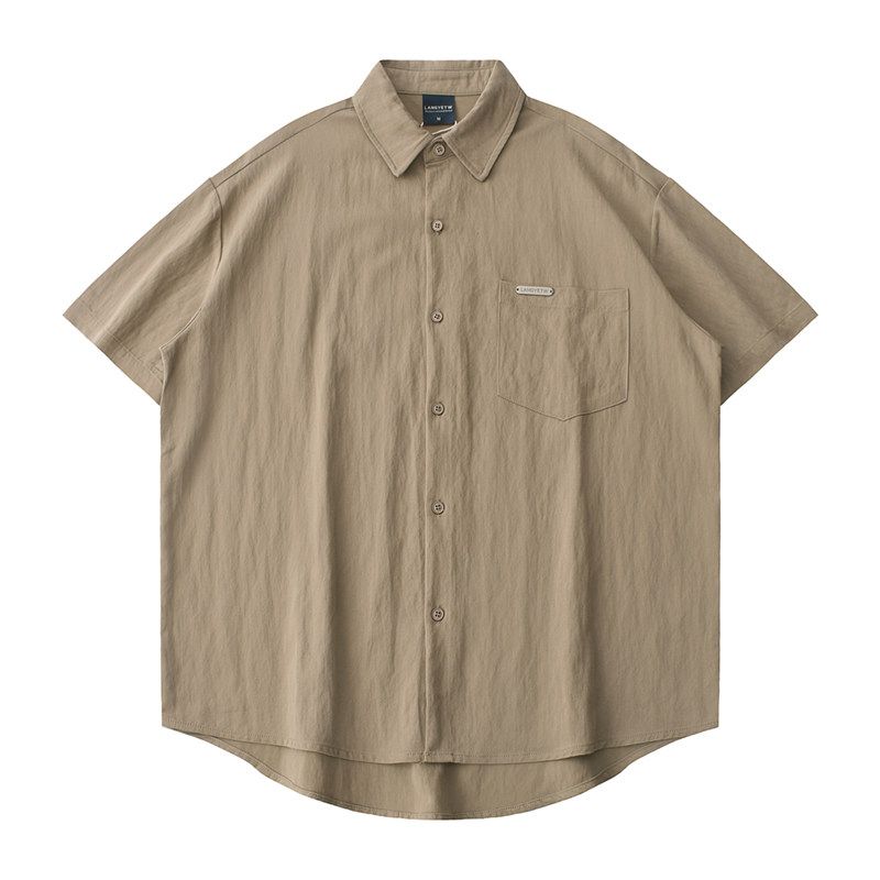 Original Foreign Trade Surplus Ice Silk Cool-Touch Summer Men's Retro Casual Turn-Down Collar Solid Color Short-Sleeve Shirt