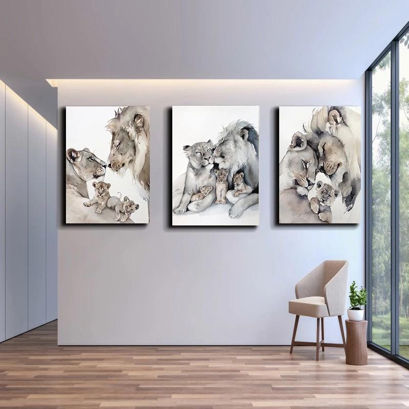 Modern Animal Loving Lion Family Canvas Painting Posters  Prints Wall Art Pictures for Living Room Home Wall Decoration Cuadros