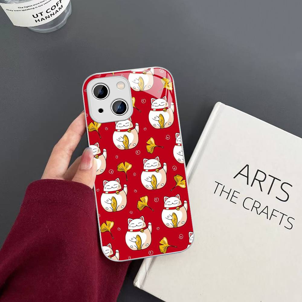 Maneki Neko Lucky Money Cat Tempered Glass For Iphone 14 13 12 11 Pro Mini XS MAX 14Plus X XS XR Cover