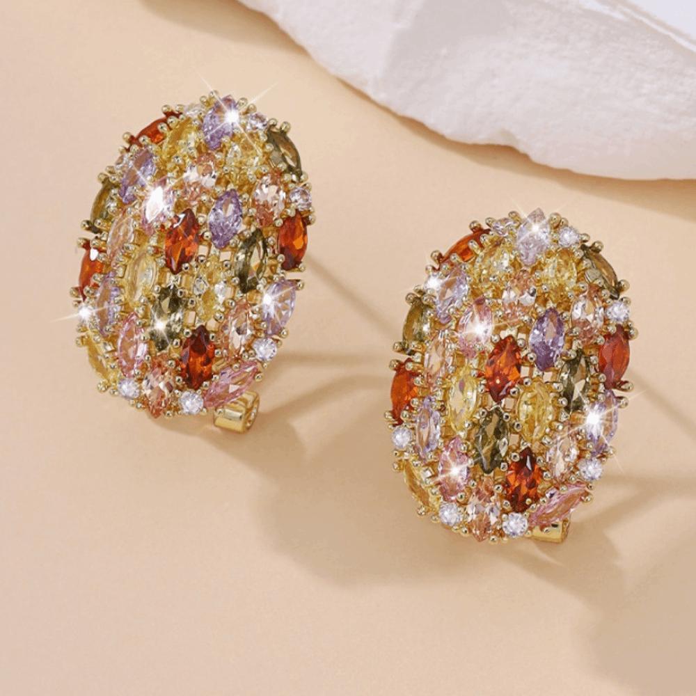 Oval Shape Colorful Zircon Earring Copper Gilding Ear Drop Simple Ear Jewelry  Women
