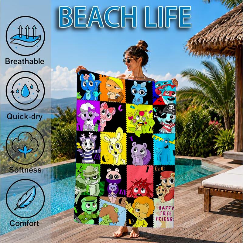 Toalla de Playa Aniversario de Happy Tree Friends, Toalla de Playa de Microfibra, Perfecta Para Piscina, Playa, Viajes, Decoración del Hogar, Regalos para Fans de Fiestas en la Playa
