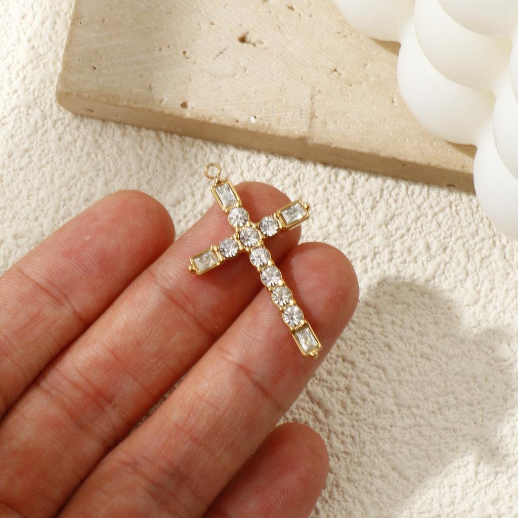 1 Piece Cross Pendants 304 Stainless Steel 18K Gold Plated Religious Clear Cubic Zirconia Charms for DIY Necklace 3.3cm x 2cm