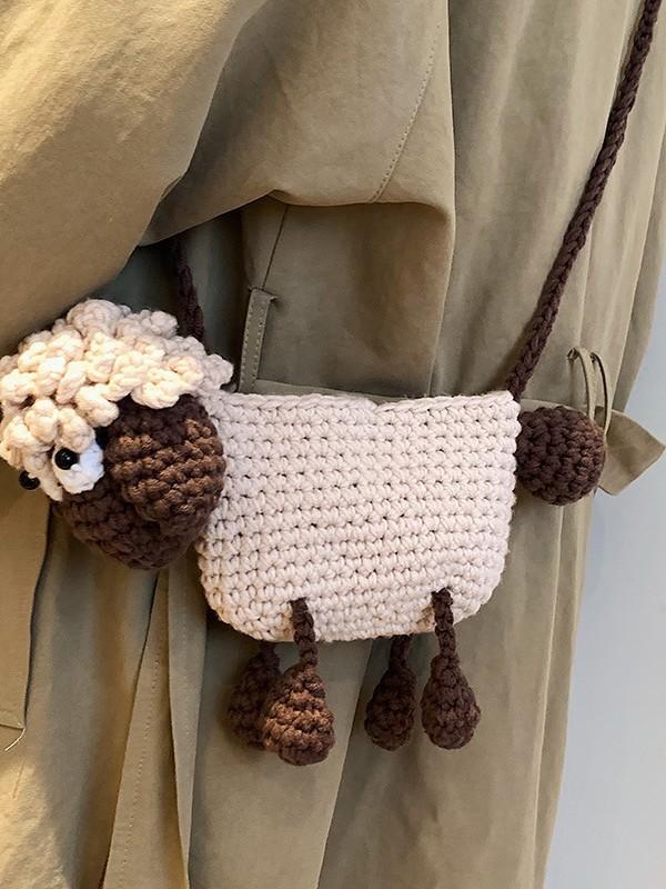 Woolen Knit Cartoon Sheep Crossbody Bag With Phone Pocket For Casual Daily Use