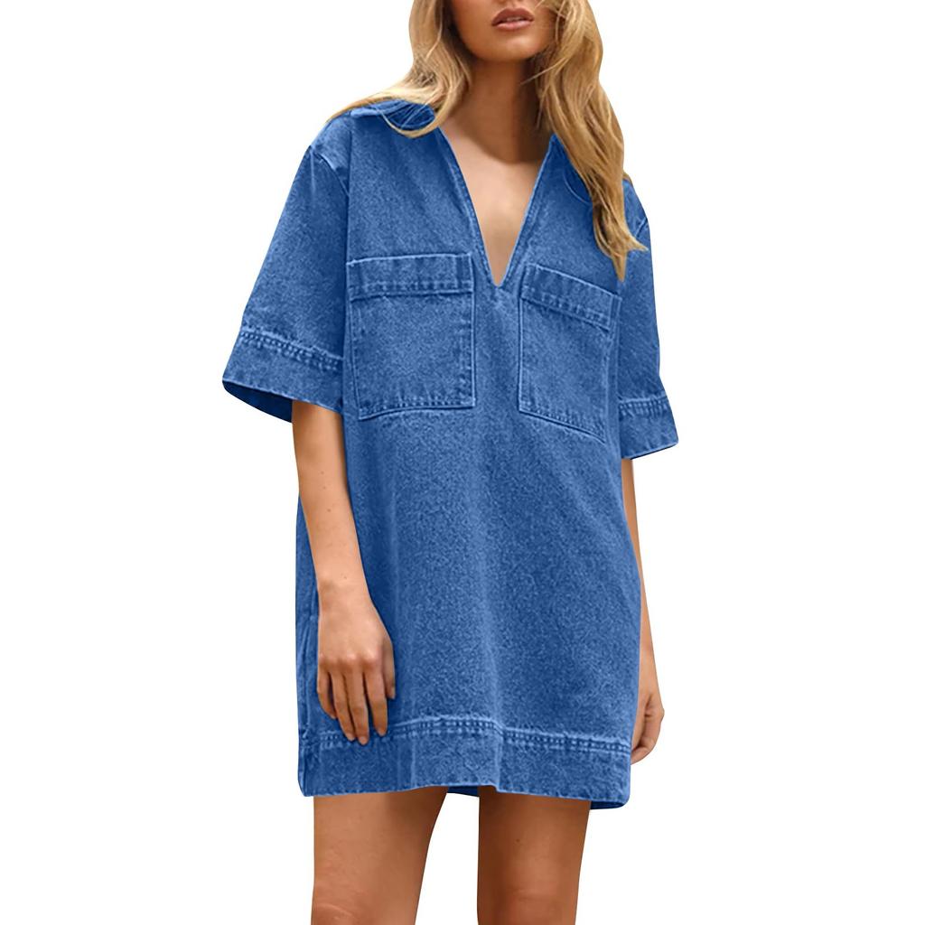 Womens  Denim Dress Summer Deep V Neck Half Sleeve Collared Loose  Jean Dress With Pockets