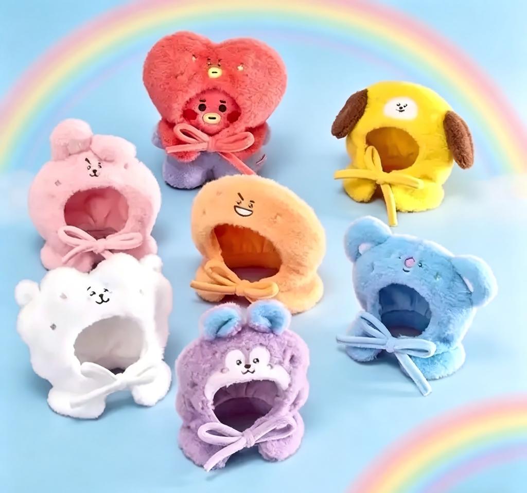 Bt21 Kawaii Anime Travel Series Plush Headgear, Cooky Chimmy Shooky Rj Mang Koya Concert Light Set & Doll Cape