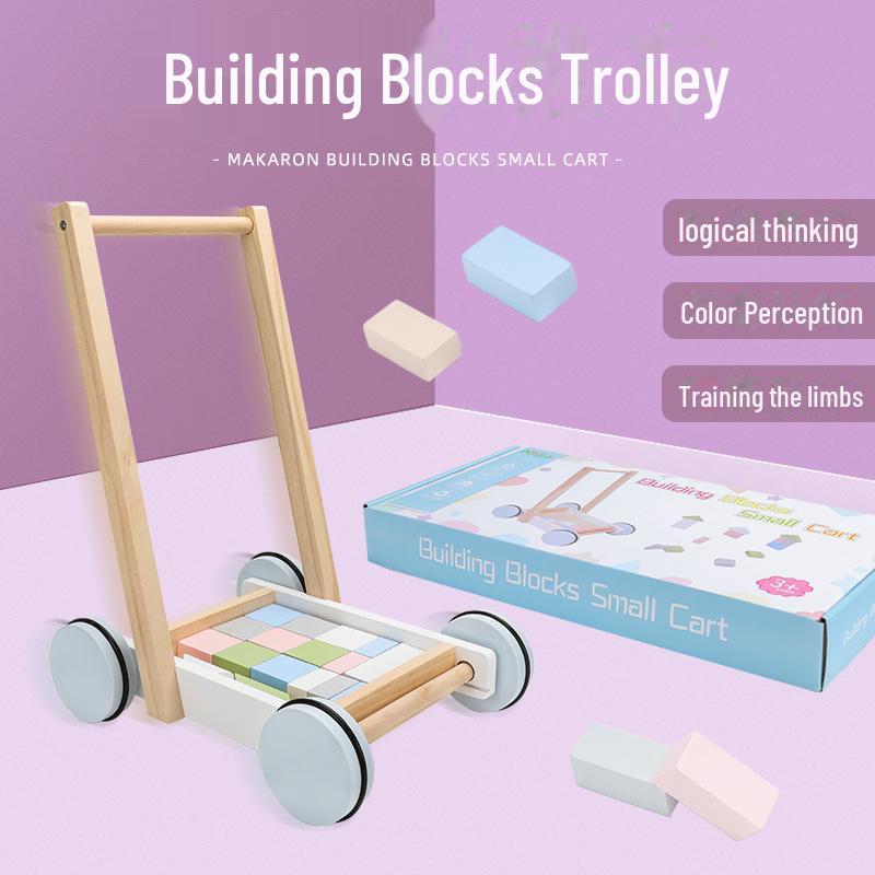 

Детские деревянные ходунки-тележки со строительными блоками - обучающая игрушка с защитой от опрокидывания для младенцев