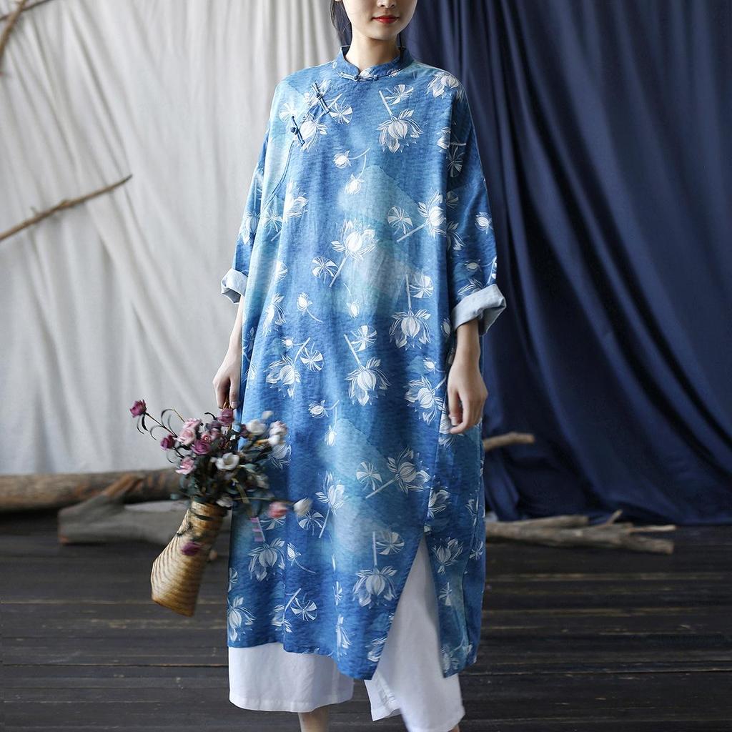 Johnature Vestido Vintage para Mujer Cuello Alto Manga Murciélago Estampado Floral Azul Otoño Estilo Chino Vestidos Sueltos