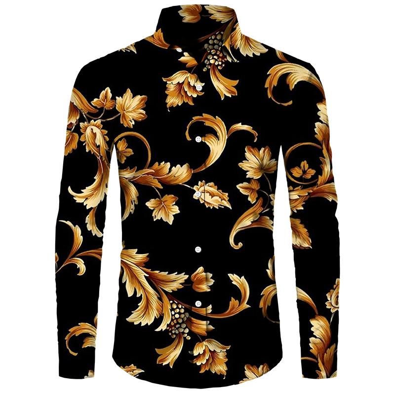 Golden Flower Pattern Print Men's Shirts Casual Single-Breasted Cardigan Long Sleeve Shirt Fashion Trend Tops Men Clothing