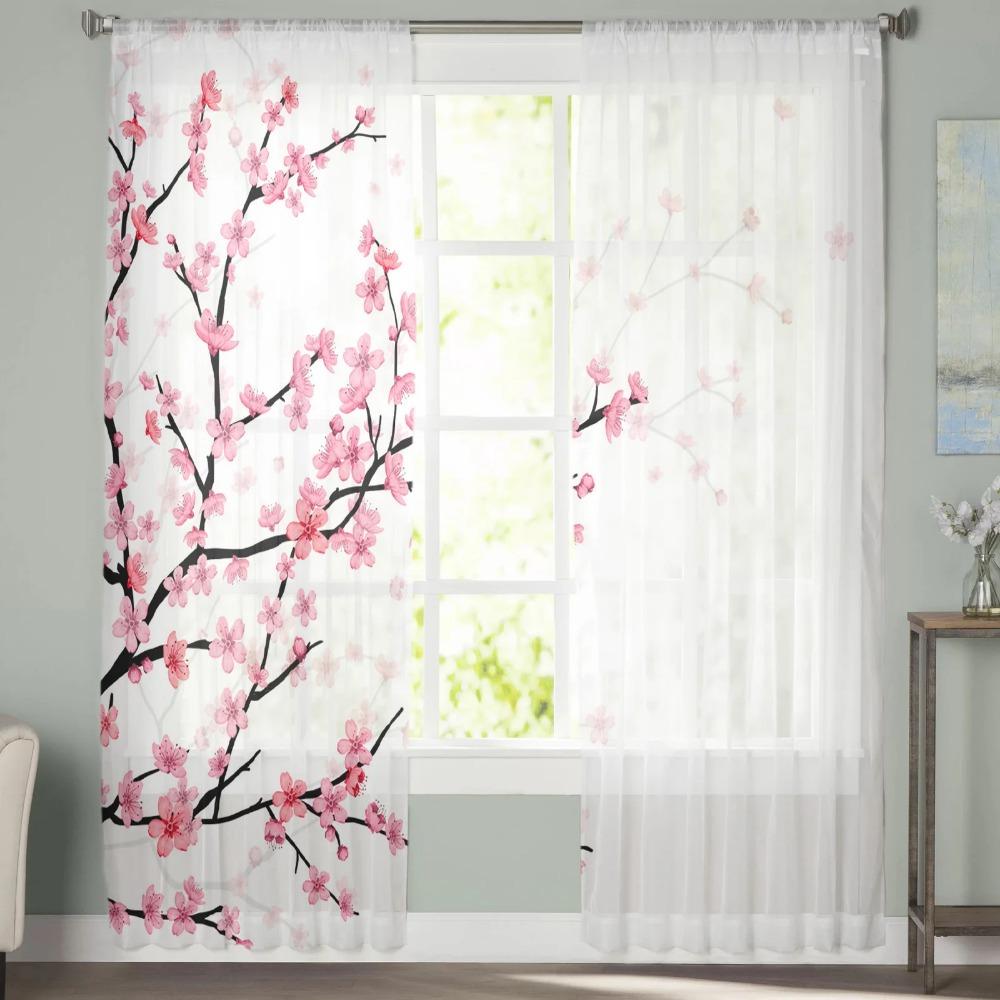 Spring Season Cherry Blossom Drapes for Living Room Bedroom Decoration Contemporary Chiffon Sheer Kitchen Window Curtain