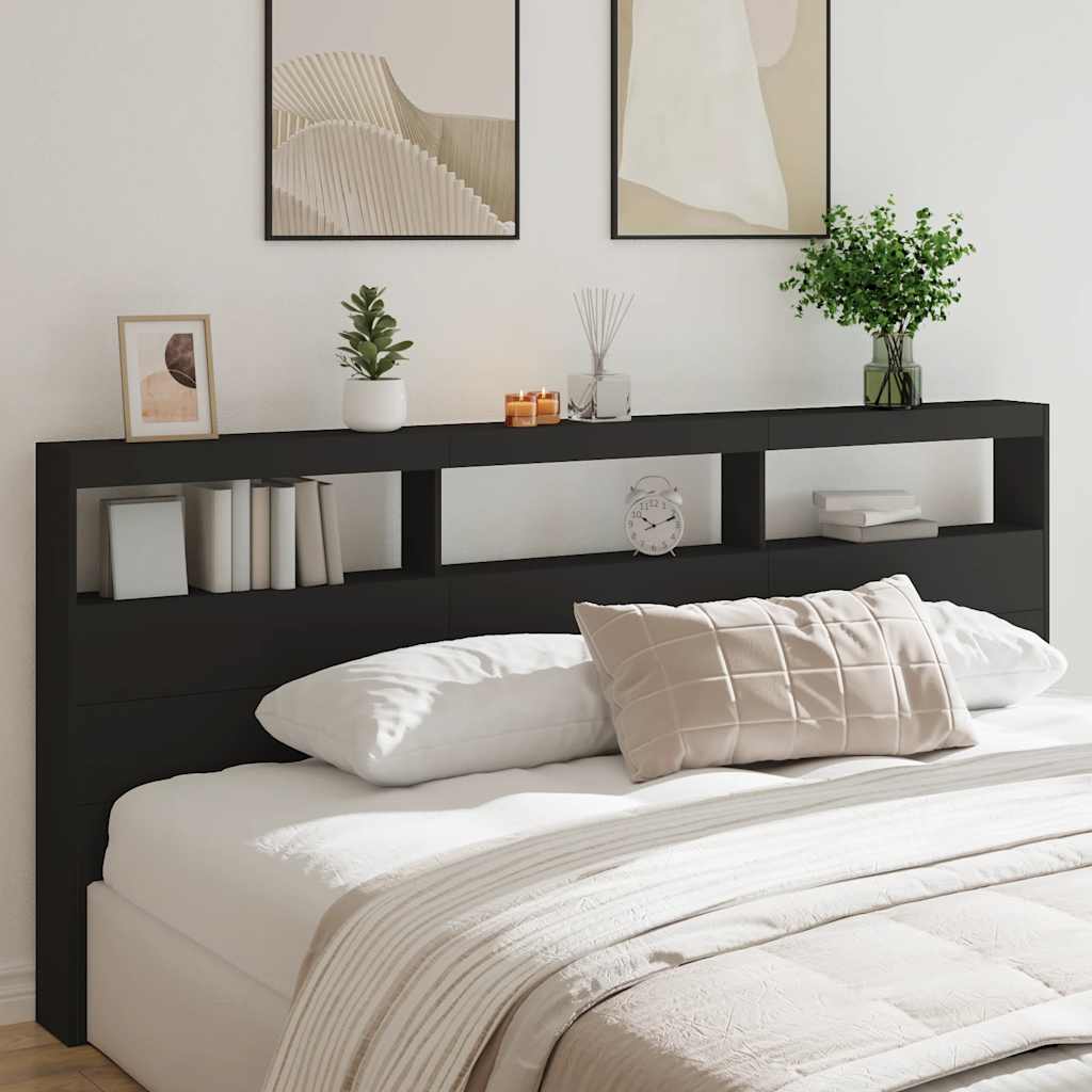 LED Headboard with Shelves Black 220 x 17 x 102 cm