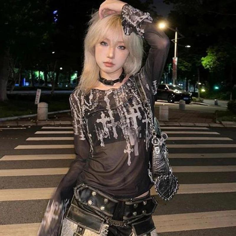 

2KWEIRD New Personality Printing Slim Bottoming Women T-shirts Y2k Aesthetic Harajuku Fashion Tshirts Streetwear Long Sleeve Tees Femme L