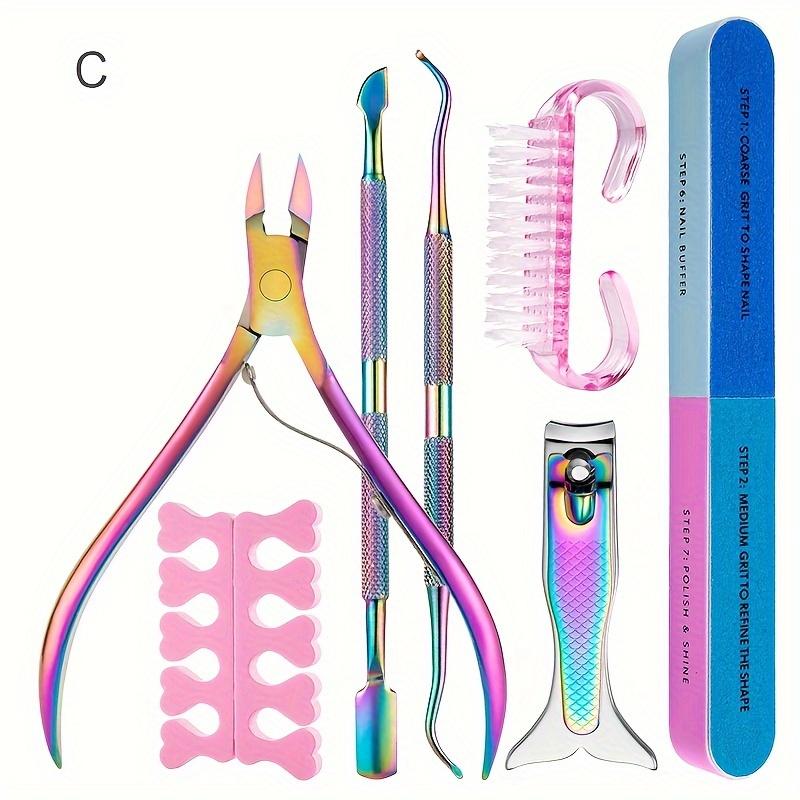8pcs Manicure Kit Set Rainbow Stainless Steel Nail and Cuticle Clippers Double-sided Nail File Toenail Separator and Cleaning Brush Nail Care Tools
