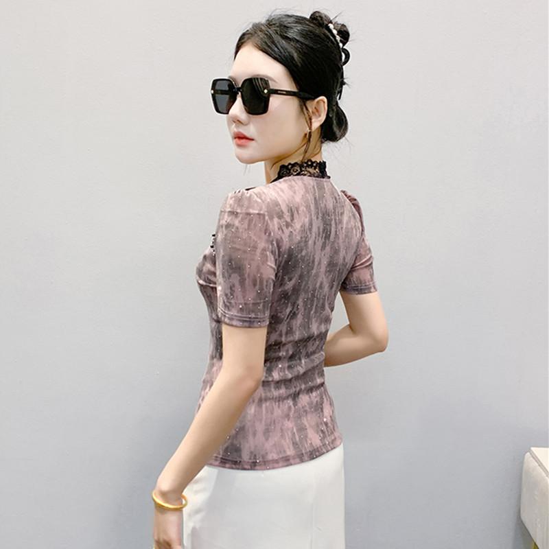 New Summer Women's T-Shirt Elegant Lace Patchwork Hot Diamonds Tops Shirts Fashion Short Sleeved V-Neck Slim Mesh Tees