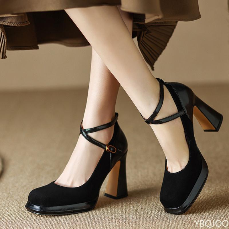 

Elegant minimalist high heels new spring autumn retro cross strap fashionable versatile square toe shallow mouth women s shoes 39 чорний