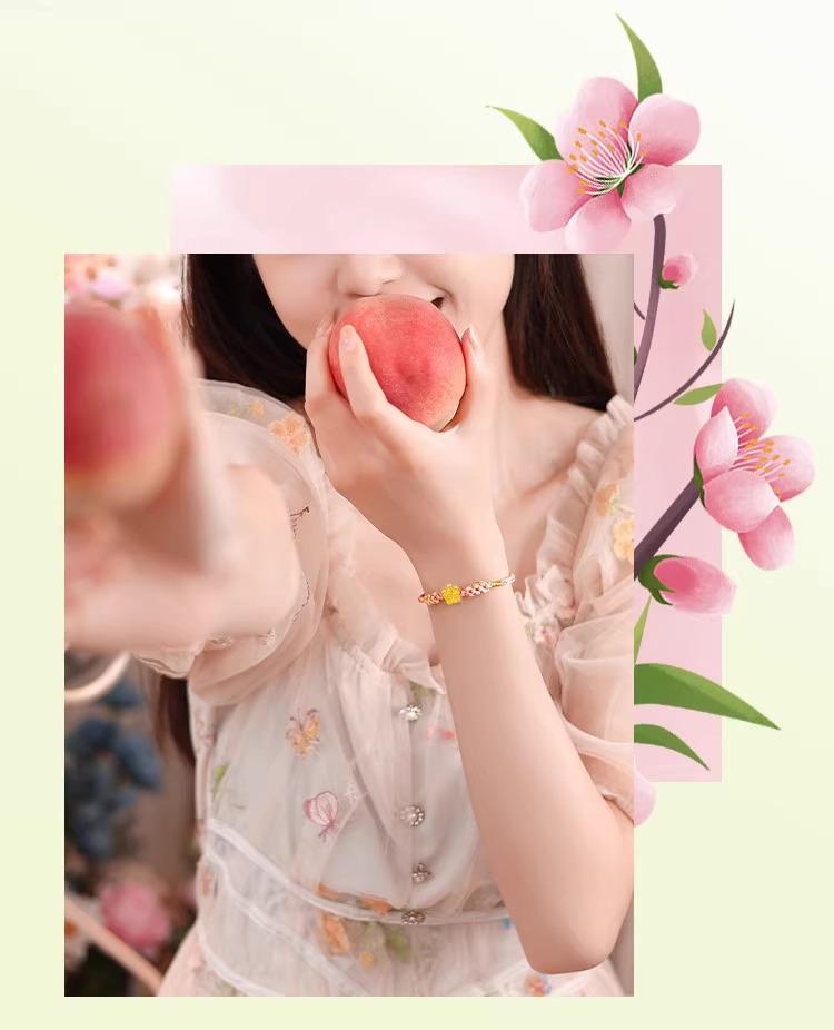 999 Pure Gold Peach Blossom Bracelet with 3D Hard Gold Luck Bead and Cherry Blossom Red Hand Rope