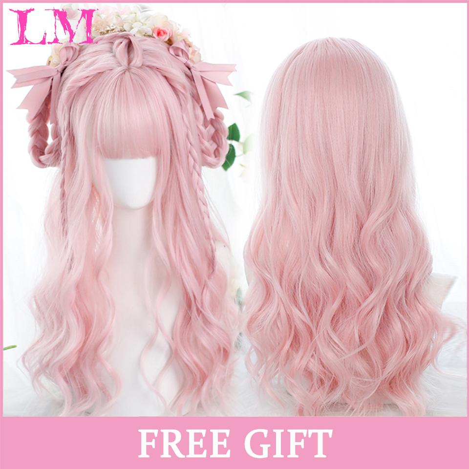 LM Cosplay-Perücke mit Pony, synthetisches glattes Haar, 61 cm lang, hitzebeständig, rosa Perücke für Frauen