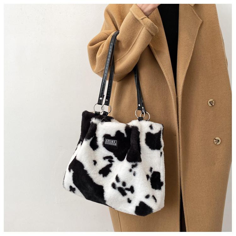 Cute Plush Cartoon Crossbody Bag Stylish Urban Large Tote Bag For Women In White And Striped Cow Print