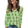Women's Fashionable Loose-Fit V-Neck Long-Sleeved T-Shirt Christmas Print Pullover