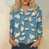 Women Cotton Linen Shirt Henley Button Neck Floral Print Three Quarter Sleeve Casual Blouse Lightweight Breathable Top