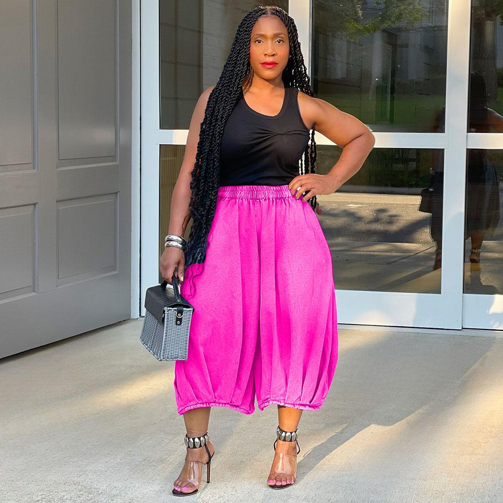 Women's Elastic Waist Wide Leg Capri Pants Loose Straight Leg Denim Culottes Streetwear Casual Cropped Trousers