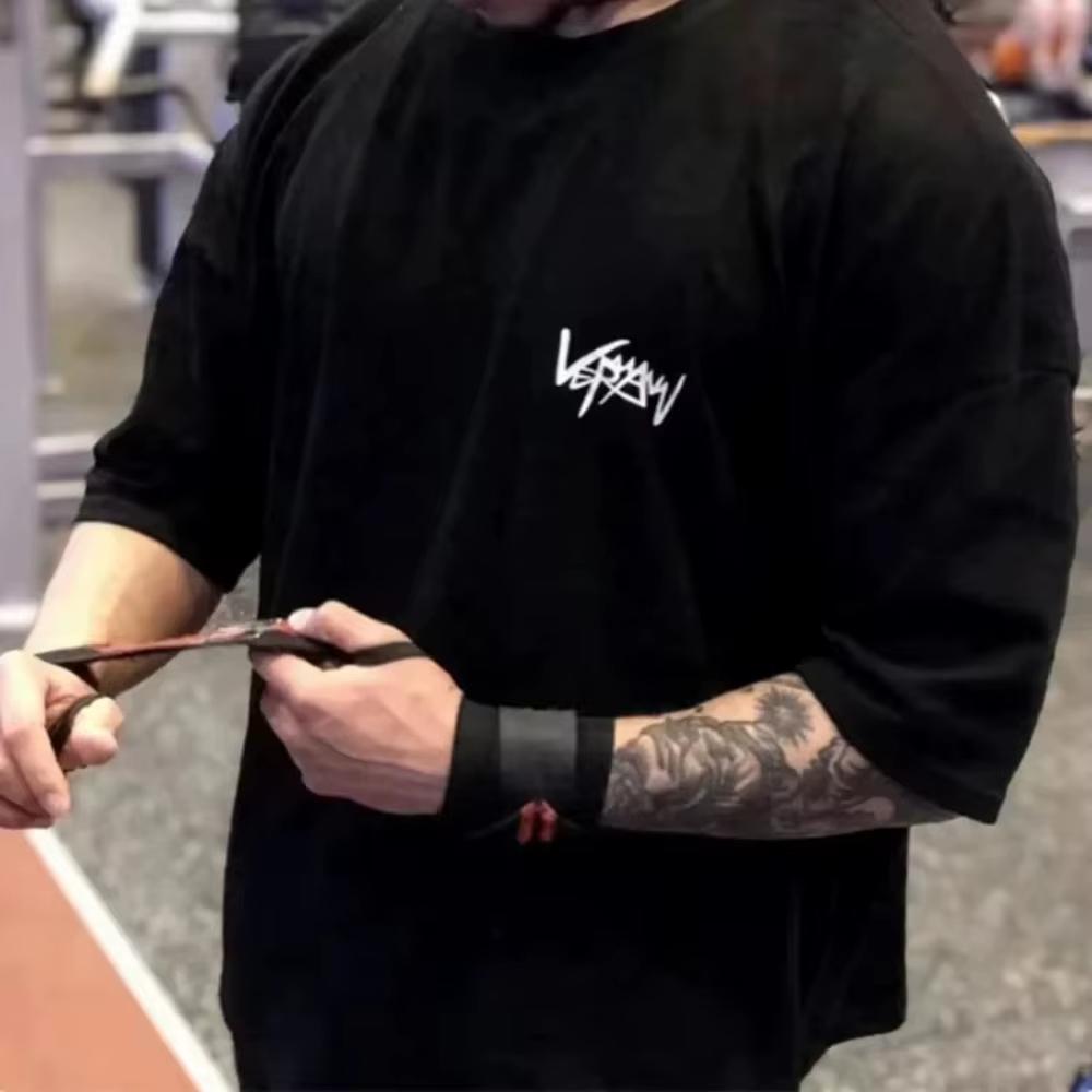 Summer Unisex Gym Workout Cotton Graphic TShirt Chest Graffiti Signature Print Oversized Fitness Cotton Short Sleeve Tee