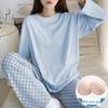 Women's Milk Silk Checkerboard Pajama Set - Round Neck, Long-Sleeve, Self-Contained Breast Pads for Spring and Autumn