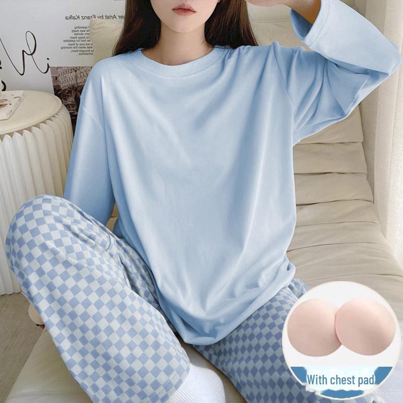 Women's Milk Silk Checkerboard Pajama Set - Round Neck, Long-Sleeve, Self-Contained Breast Pads for Spring and Autumn