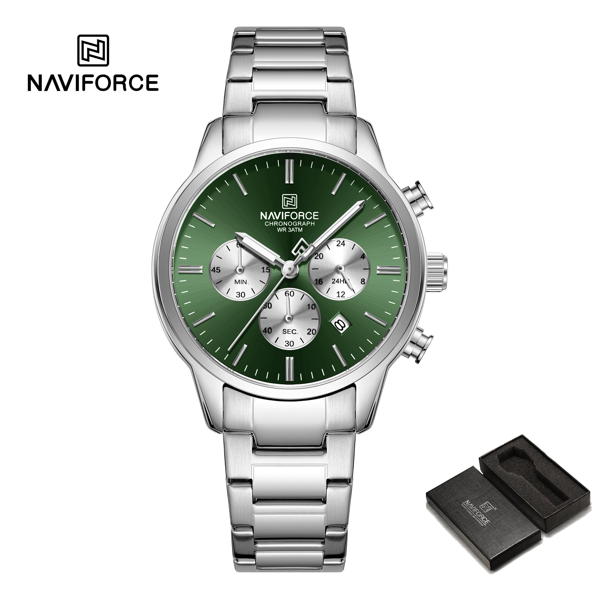 

Naviforce Модные часы-хронограф для мужчин, дата, секундомер, ремешок из нержавеющей стали, водонепроницаемые, кварцевые, светящиеся стрелки, мужские повседневные часы NF8076 серебряный/зелёный