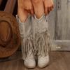Womens Mid-Calf Boots Fashion Pointed Toe Thick Heel High Heeled Boots Fringes Design Fashion Boots Retro Rivet Mid-Calf Booties