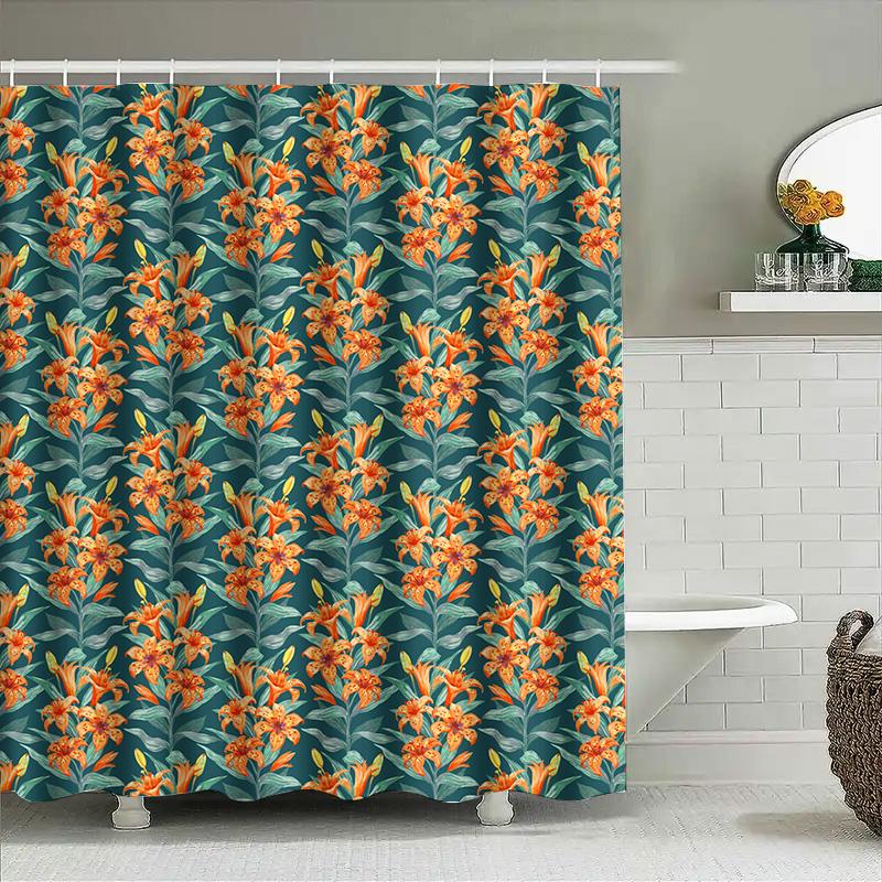 Bright Floral Pattern Shower Curtain Fabric Waterproof Home Decor Bathroom Decorations Customizable Sizes Available Orange Green