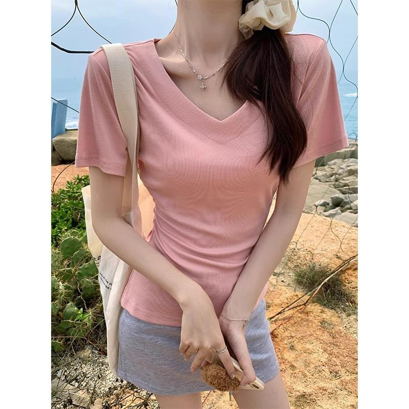 

Низкий воротник, открытая ключица, правое плечо, короткий рукав, белая футболка с коротким рукавом для милых девочек, узкая талия, летний топ для невысоких девушек XL