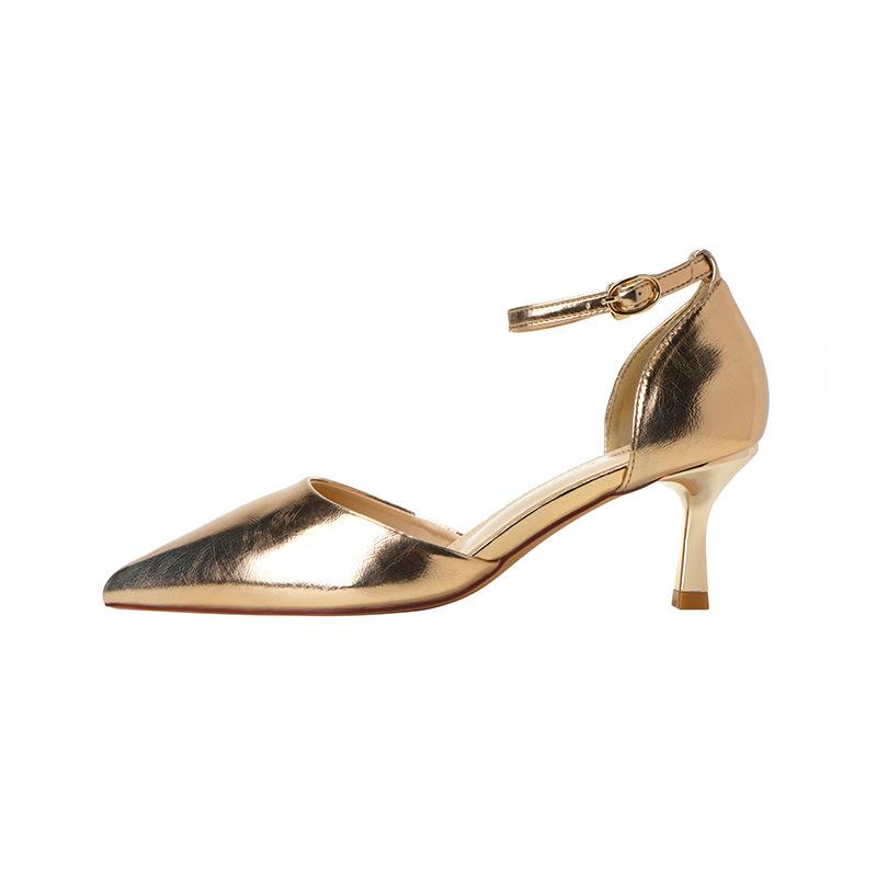 - European and American Metal Sense Design Sense Fashion Banquet Pointed One-word Buckle Hollow Sexy High Heels Women's Single Shoes