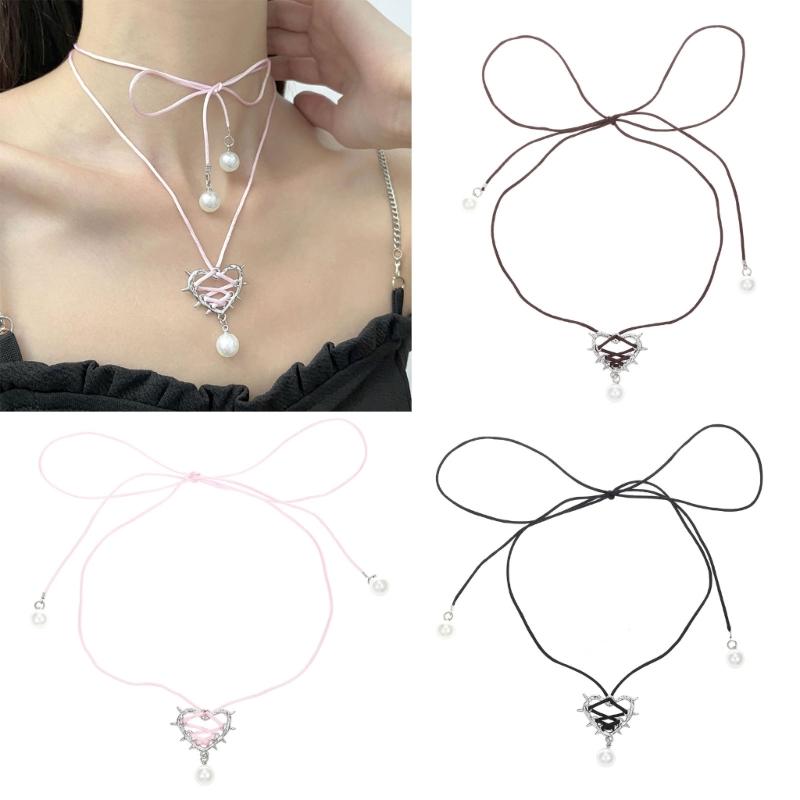 Fashion Thorn Heart Pendant Necklace Sweet Cool Clavicle Chain Lace Up Choker Simple Cord Neck Chain Party Jewelry