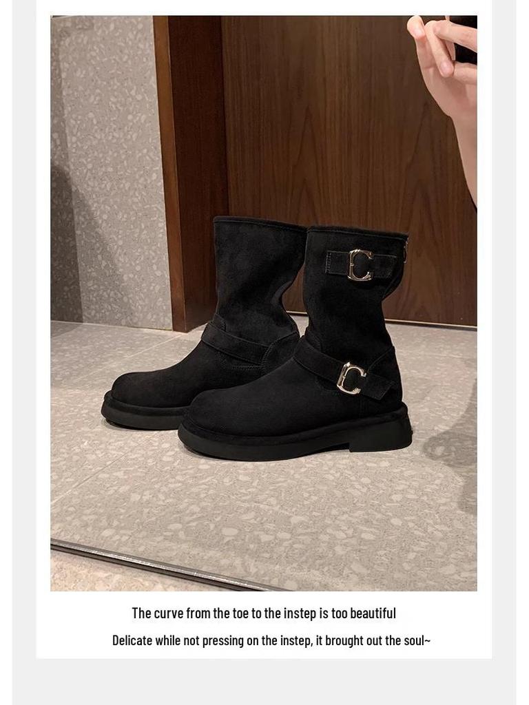 Women's Retro Motorcycle Buckle Boots - 2025 New Skinny Design, Round Toe, Thick Sole, Chunky Heel, Height Increasing, Mid-Calf, Autumn/Winter Style.