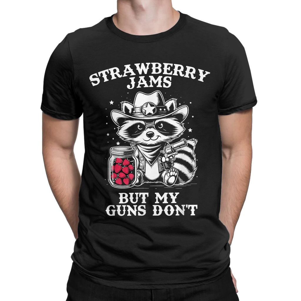 Strawberry Jams But My Don't Funny Raccoon Men T Shirt Funny Tee Shirt Short Sleeve Round Neck T-Shirt Cotton Summer Clothes