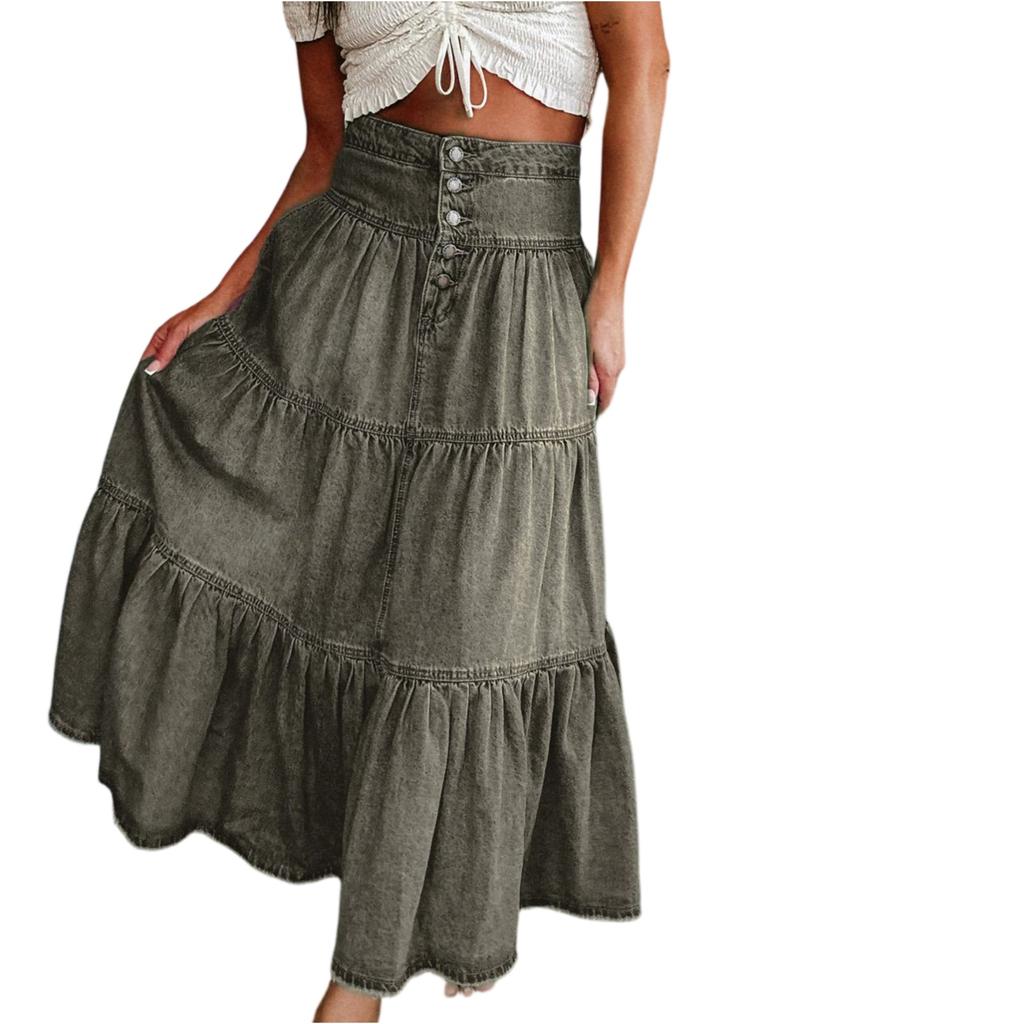 Women's Fashionable Retro Button High Waisted Long Denim Skirt