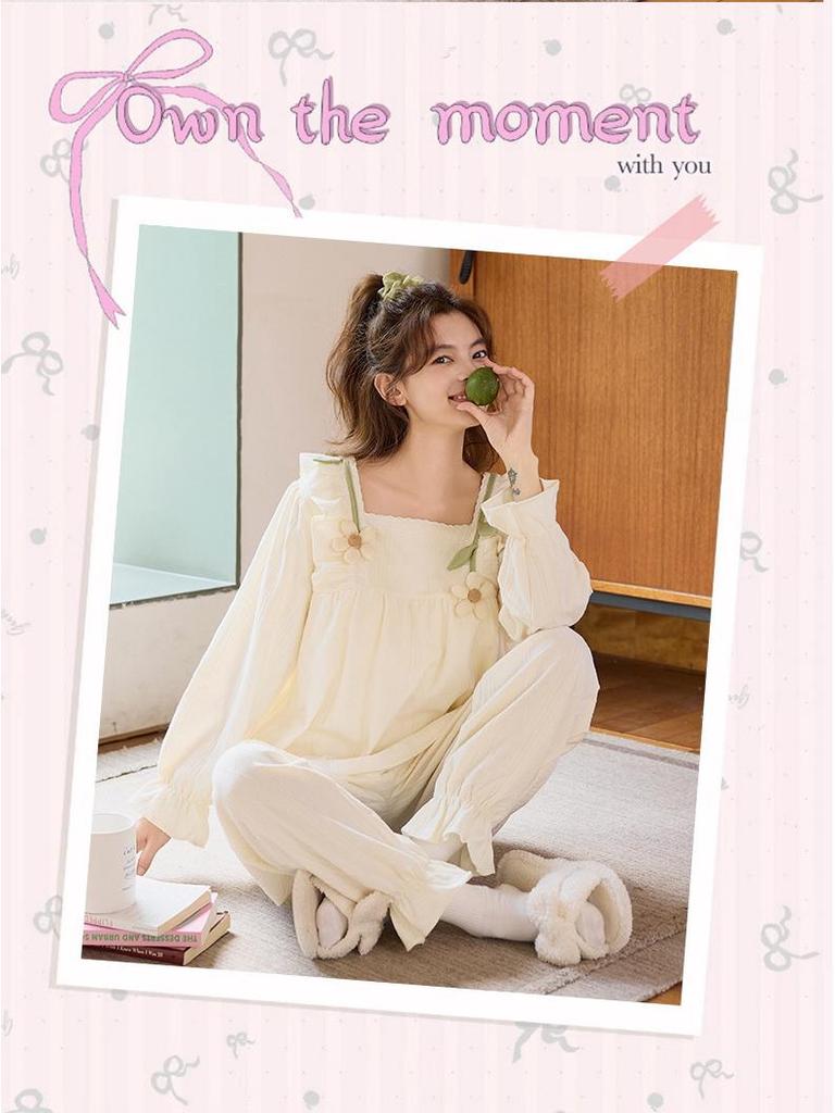 Women's Cotton Pajama Set with Chest Pads - Long Sleeve Cute Princess Style for Spring, Autumn, Winter