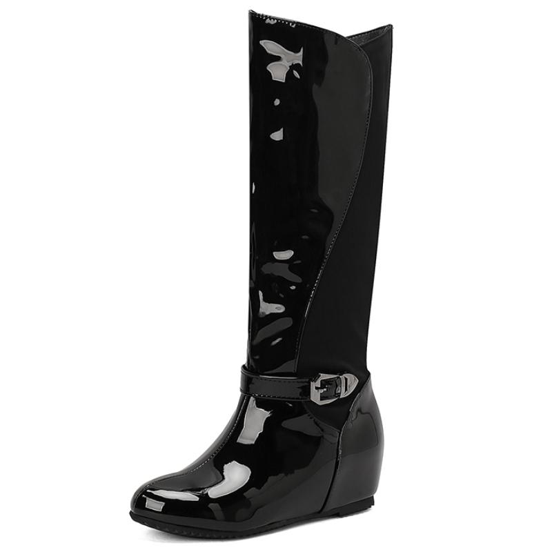 

Модные женские сапоги до колена, зимняя обувь, черные, белые, розовые, на танкетке, длинные сапоги, женская обувь для вечеринок, увеличивающая рост, большой размер 45 34 чёрный