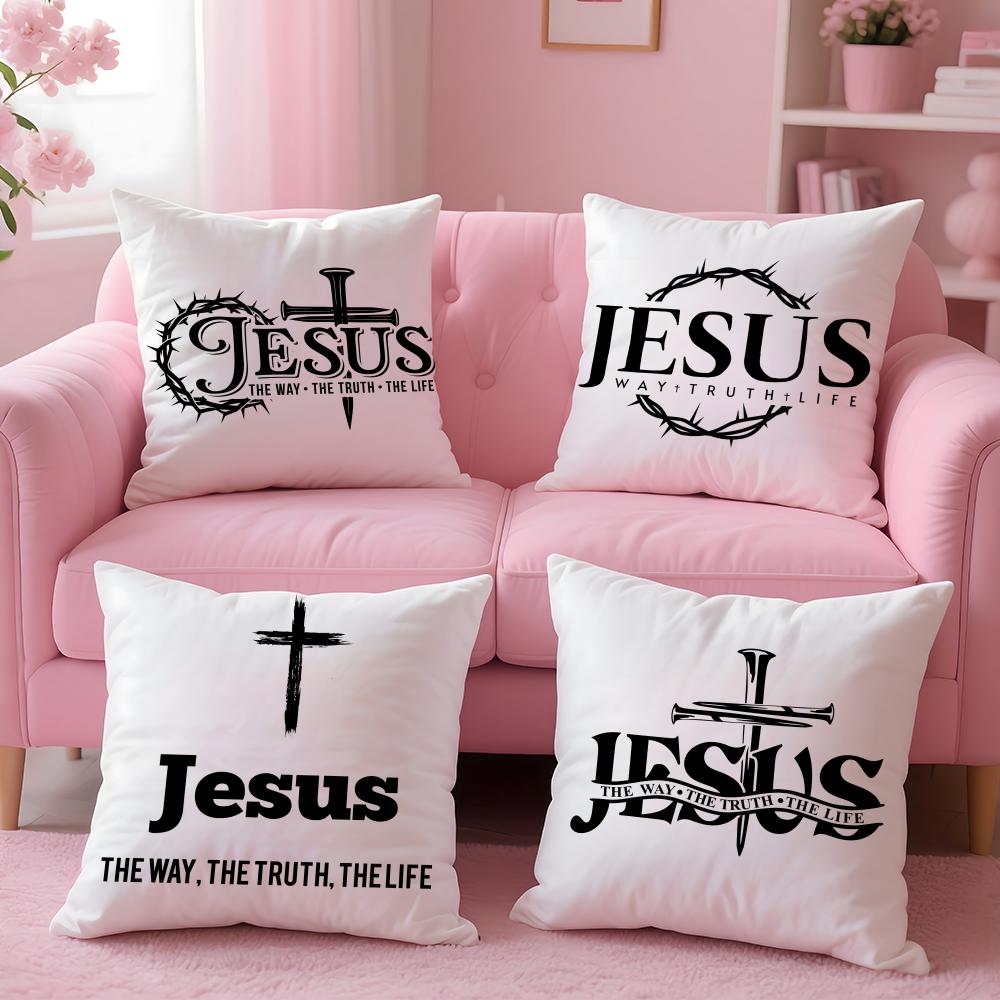 Christian Jesus The Way Truth Life Cushion Cover Plush Fabric Double-Sided Printed Invisible Zipper Sofa Pillow Case Home Decor