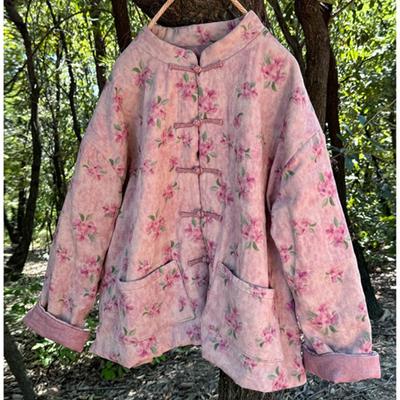 Women Vintage Print Floral Button Stand Coats Pockets Winter Chinese Style Women Warm Coats