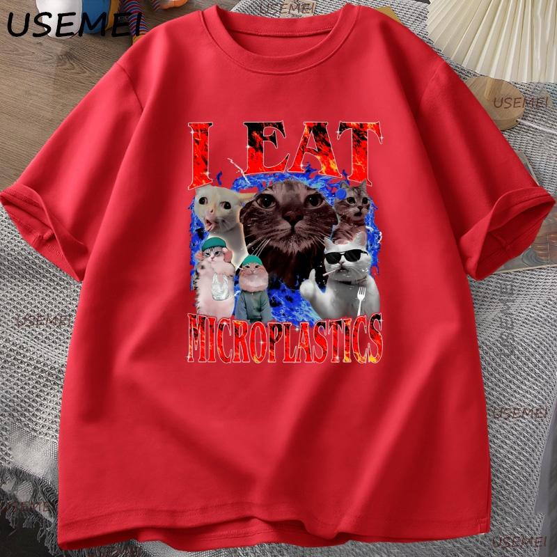 Cursed Cat T Shirt I Eat Microplastics Graphic Tee for Unisex Women Funny Weirdcore Top Cotton Short Sleeve Loose Tshirt Clothes S