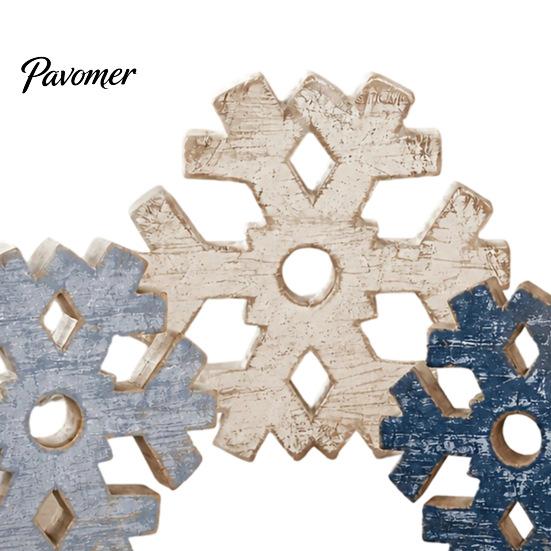 Winter Farmhouse Shelf Ornaments 3 Pcs Snowflake Wooden Signs, Rustic Table Decoration, Hollowed Out Crafts Block Sign for Christmas Tiered