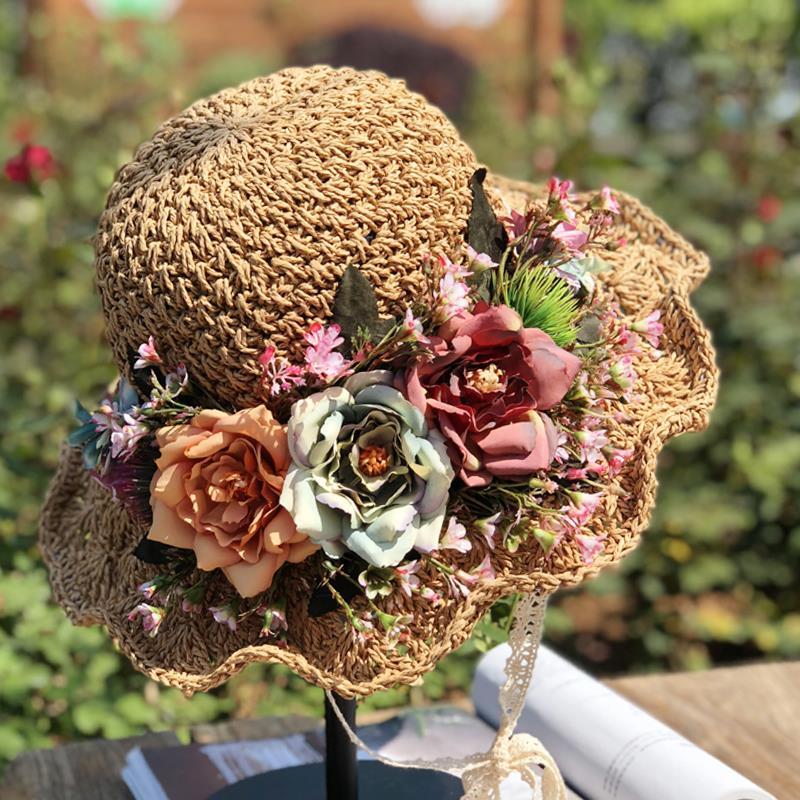 Handwoven Hollow Rose Flower Straw Hat Female Summer Small Fresh Pastoral Lace Strap Big Eaves Beach Hat