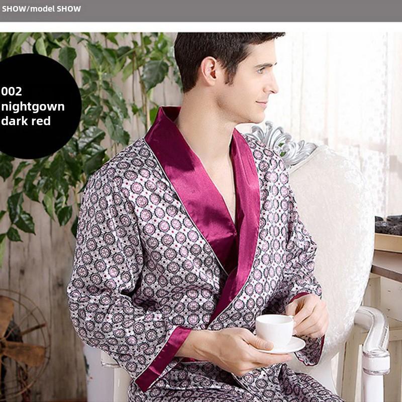 Men's Lightweight Long-Sleeve Silk Bathrobe and Pajamas Set