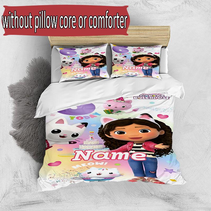 3pcs Duvet Cover Set (1*Duvet Cover + 2*Pillowcase, Without Core), Custom Name Gabby's Dollhouse Pattern Bedding Set, Home Bedroom Decor Gift