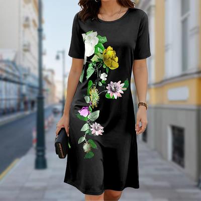 Vestido Casual de Verano para Mujer con Estampado de Flores Laterales Vestidos para Mujer Cuello Redondo Manga Corta Vestido Talla Grande