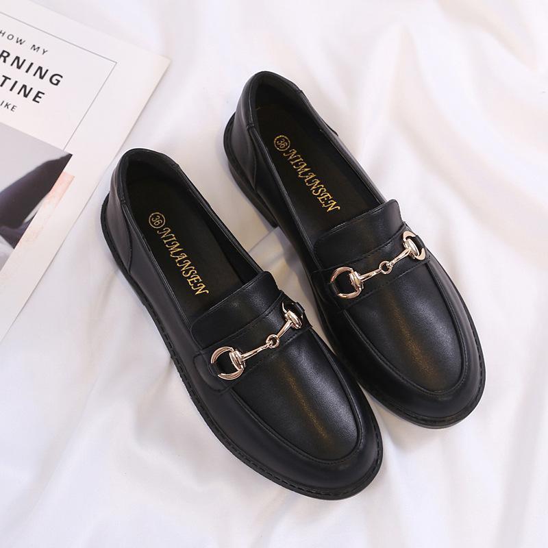 Women's British Style Genuine Leather Chunky Heel Shoes with Gold Buckle - Glossy Round Toe, Silent Commute, All Season Wear