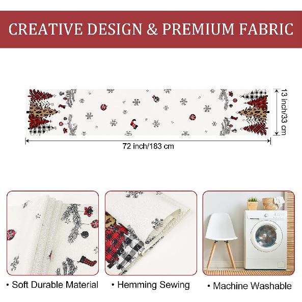 Bonhause Buffalo Plaid Christmas Trees Table Runner 13x72 Inch Snowflakes Pine Branches Red Winter Holiday Kitchen Dining Table Decoration for Indoor