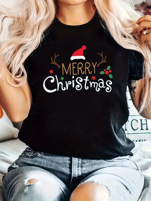 WomenS Merry Christmas Graphic TShirt Black with Festive Red Santa Hat Summer Short Sleeved Harajuku Streetwear Tops Tees