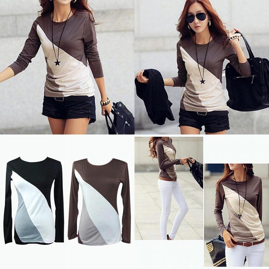 Korean Fashion Women Style Autumn Slim Fit Color Block Blouse Long Sleeve Shirt